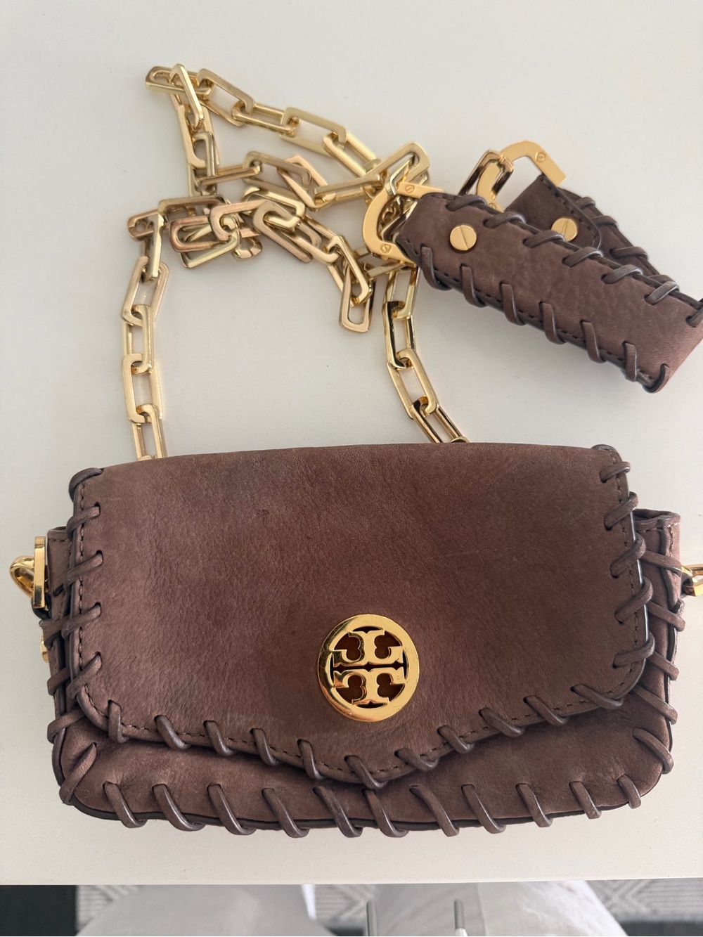 Tory Burch Brown Suede Crossbody with Gold Chain